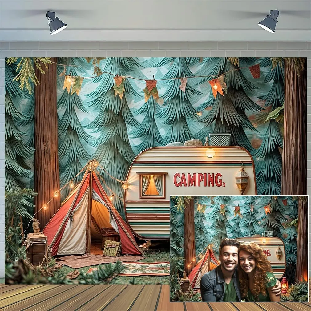 10 x 8 ft Camping Backdrop Forest Night Campfire Tent Car Party Child Birthday Party Decoration Happy Camper Fishing Camping Outdoor Adventure Background Camper Birthday Party Banner