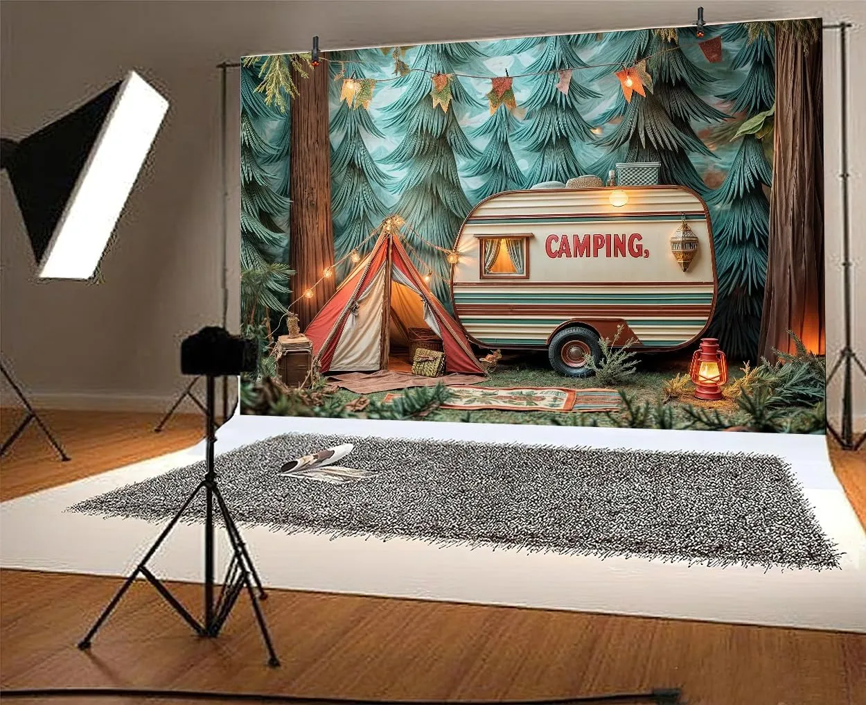 10 x 8 ft Camping Backdrop Forest Night Campfire Tent Car Party Child Birthday Party Decoration Happy Camper Fishing Camping Outdoor Adventure Background Camper Birthday Party Banner