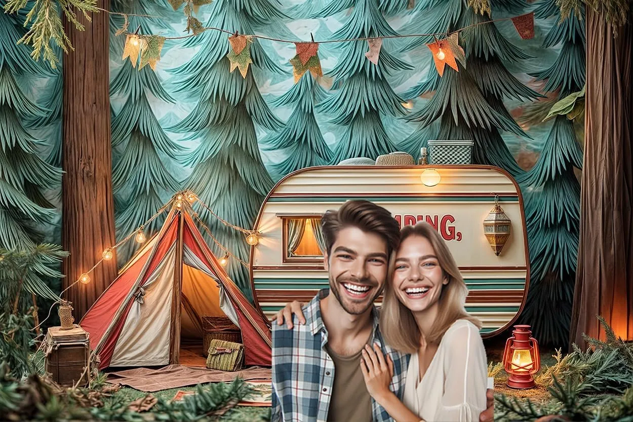 10 x 8 ft Camping Backdrop Forest Night Campfire Tent Car Party Child Birthday Party Decoration Happy Camper Fishing Camping Outdoor Adventure Background Camper Birthday Party Banner