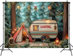 10 x 8 ft Camping Backdrop Forest Night Campfire Tent Car Party Child Birthday Party Decoration Happy Camper Fishing Camping Outdoor Adventure Background Camper Birthday Party Banner