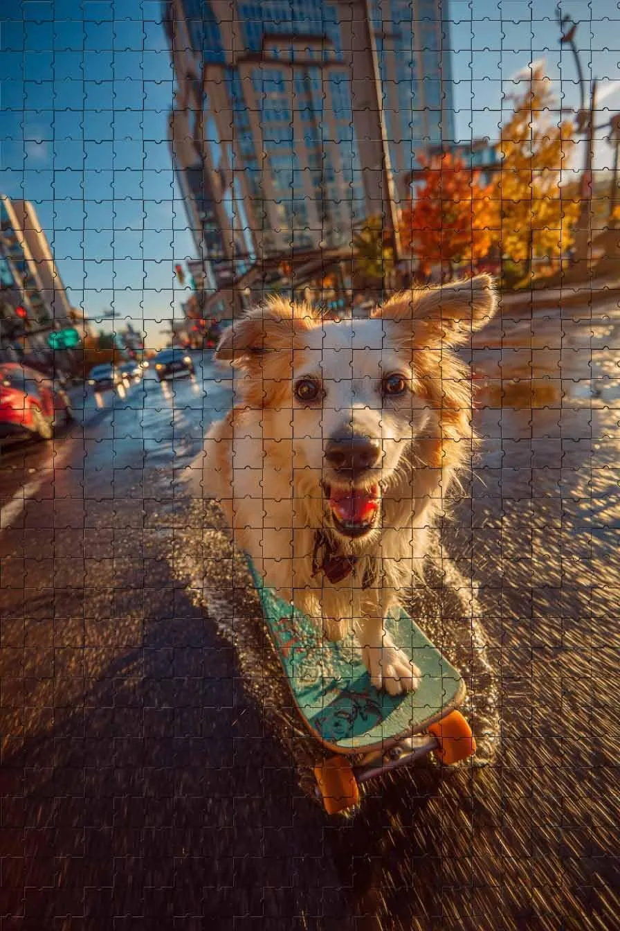 1000 Piece Puzzle for Adults Dog Skateboarding in Autumn City A Challenging and Joyful Jigsaw Game for Dog Lovers Fun Wall Art and Family Night Gift Idea