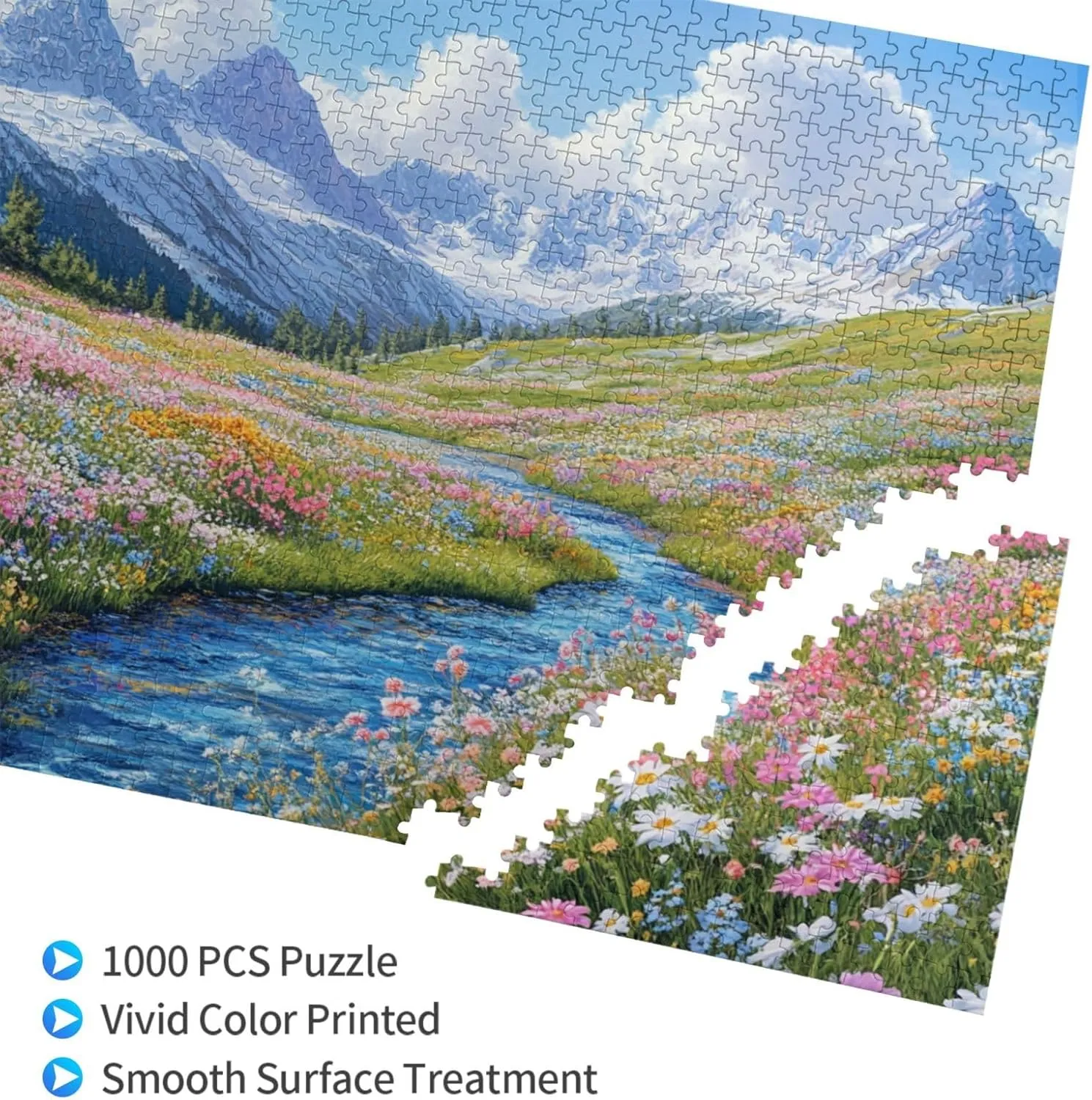 1000 Piece Wooden Jigsaw Puzzle for Adults, Idyllic Alpine View with Flower Carpet and Snow-Covered Mountain, Creative Escape, Exploratory Hobbies and Challenges, Enjoy The Process