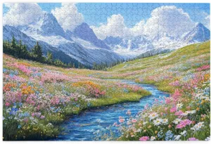 1000 Piece Wooden Jigsaw Puzzle for Adults, Idyllic Alpine View with Flower Carpet and Snow-Covered Mountain, Creative Escape, Exploratory Hobbies and Challenges, Enjoy The Process
