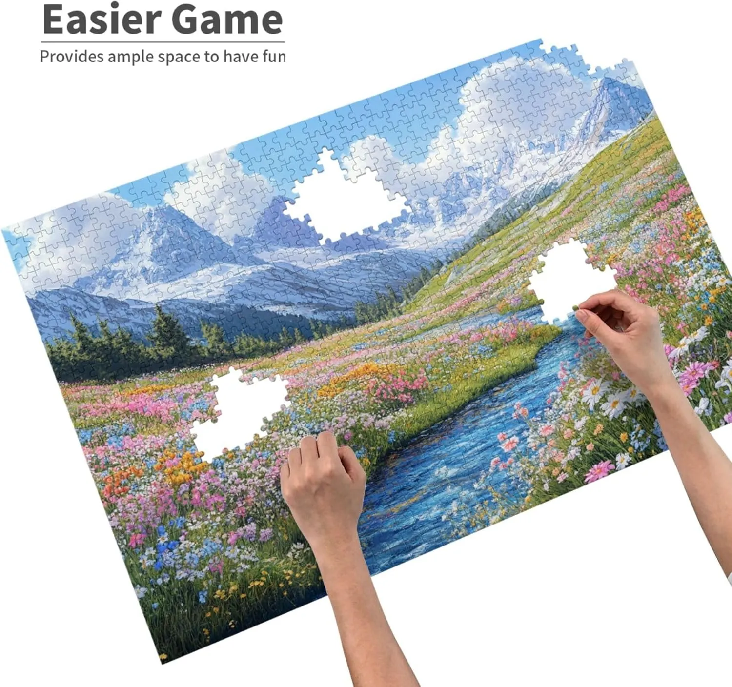 1000 Piece Wooden Jigsaw Puzzle for Adults, Idyllic Alpine View with Flower Carpet and Snow-Covered Mountain, Creative Escape, Exploratory Hobbies and Challenges, Enjoy The Process
