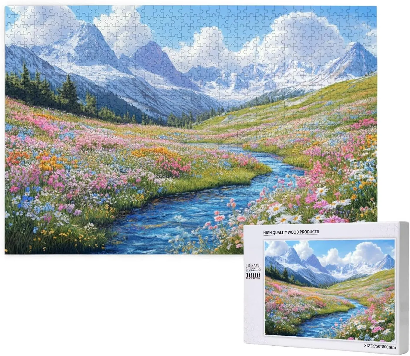 1000 Piece Wooden Jigsaw Puzzle for Adults, Idyllic Alpine View with Flower Carpet and Snow-Covered Mountain, Creative Escape, Exploratory Hobbies and Challenges, Enjoy The Process