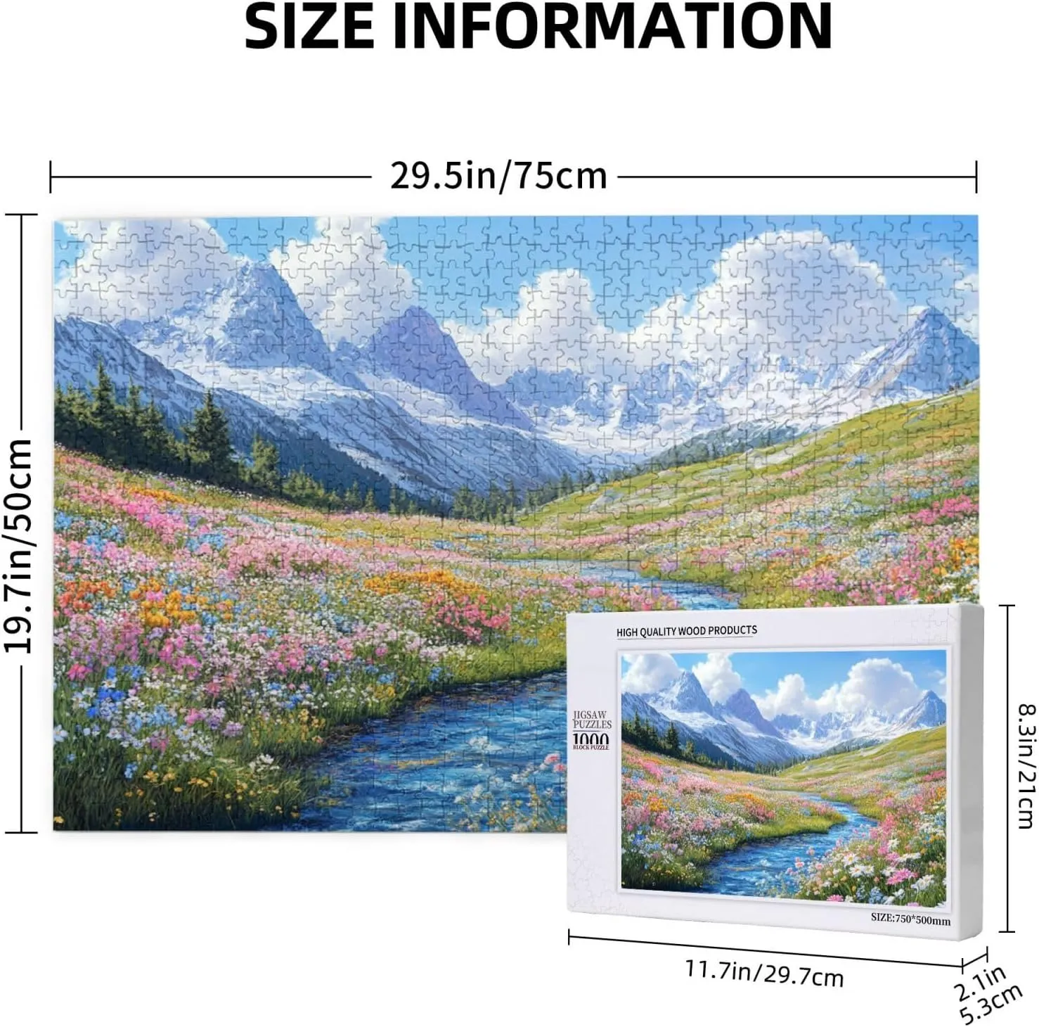 1000 Piece Wooden Jigsaw Puzzle for Adults, Idyllic Alpine View with Flower Carpet and Snow-Covered Mountain, Creative Escape, Exploratory Hobbies and Challenges, Enjoy The Process