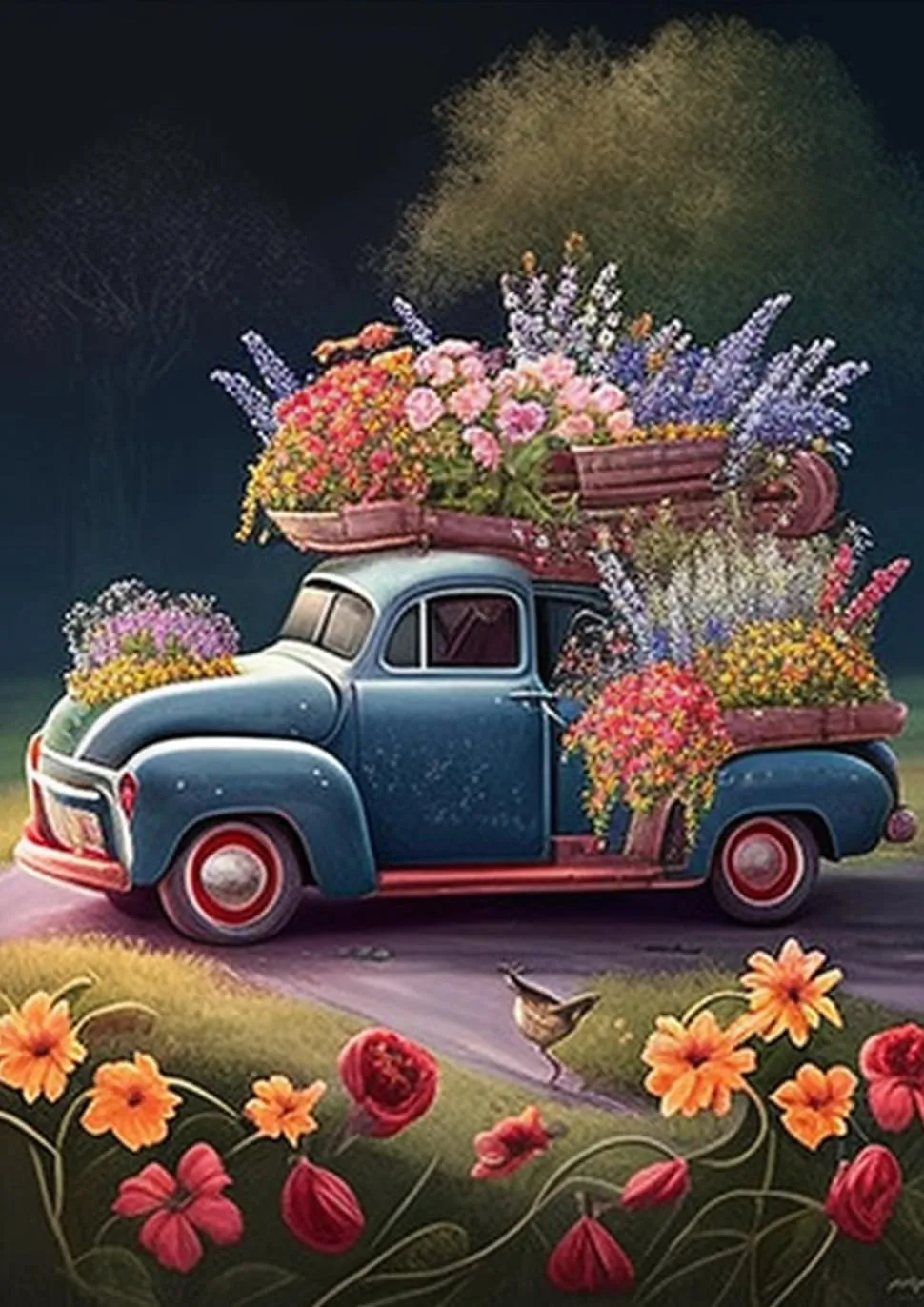 1000 Pieces Puzzle for Adult - Beautiful Blue Car Flowers Farm Wooden Jigsaw Puzzles Challenging Educational Fun Toys for Family Creative Gift, 500PCS