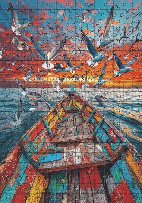 1000 Piece Jigsaw Puzzle for Adults -Old Fishing Boat Seagull Challenging Educational Game Fun Family Activities Puzzle Floor Props Kid Gift Unzip Toy Wooden Puzzles