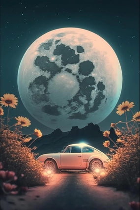 1000 Pieces Puzzle for Adults - Car Under The Full Moon Wooden Jigsaw Puzzles Challenging Educational Fun Toys for Family Creative Gift