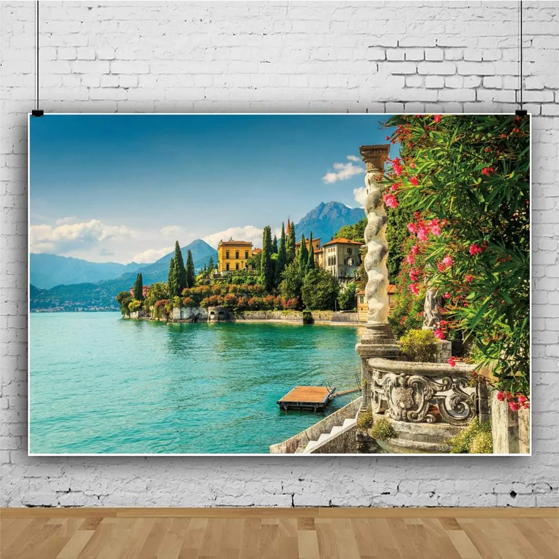 10x8ft Italy Lake Como Landscape Backdrop Sunny Sky Italy Garden Architecture City Lake Come Travel Holiday Photography Background for Teavel Wedding Lover Adults Kids Photo Studio Props