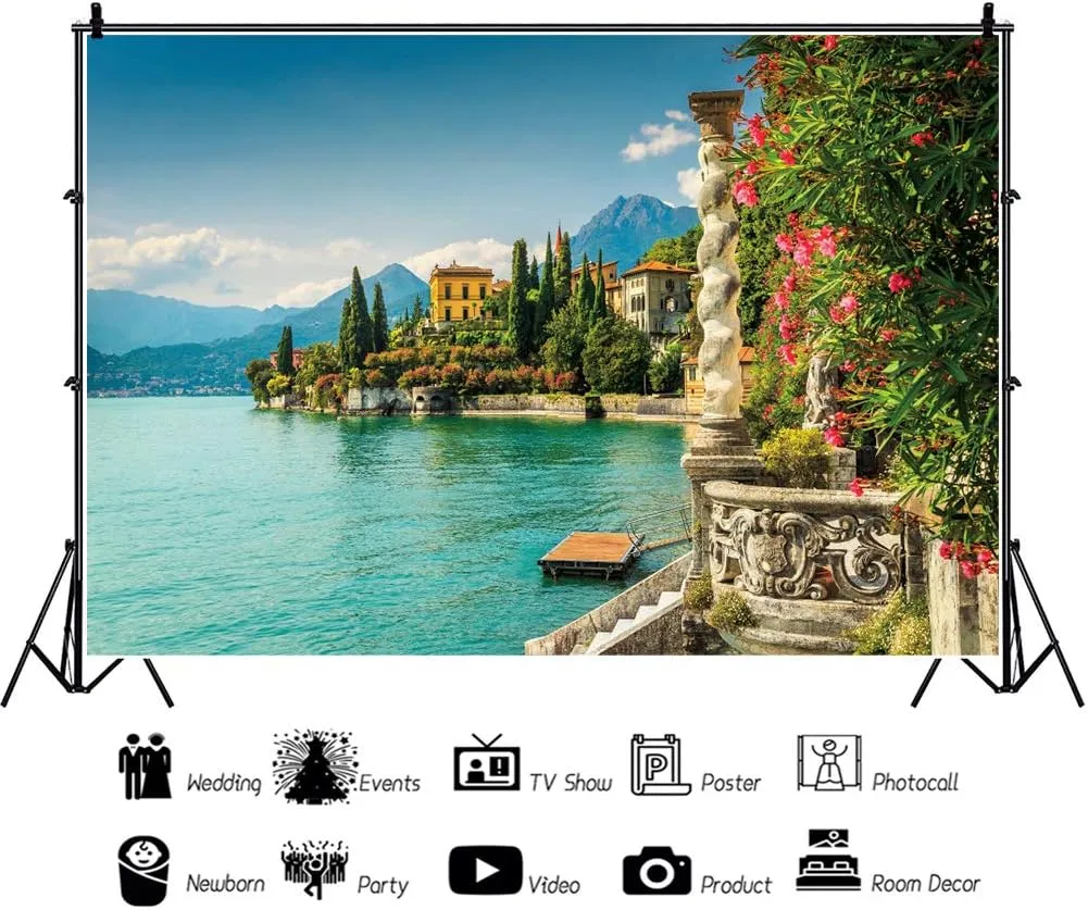 10x8ft Italy Lake Como Landscape Backdrop Sunny Sky Italy Garden Architecture City Lake Come Travel Holiday Photography Background for Teavel Wedding Lover Adults Kids Photo Studio Props