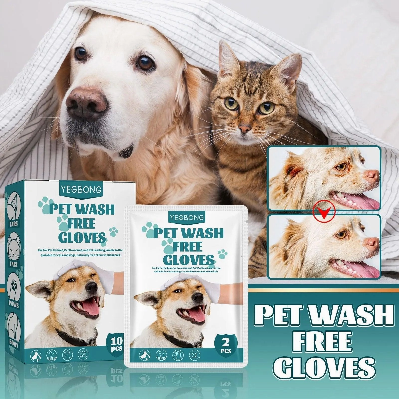 10XPet Cat Dog Dry Washing Gloves Bath Remove Odor Cleaning Decontamination Care