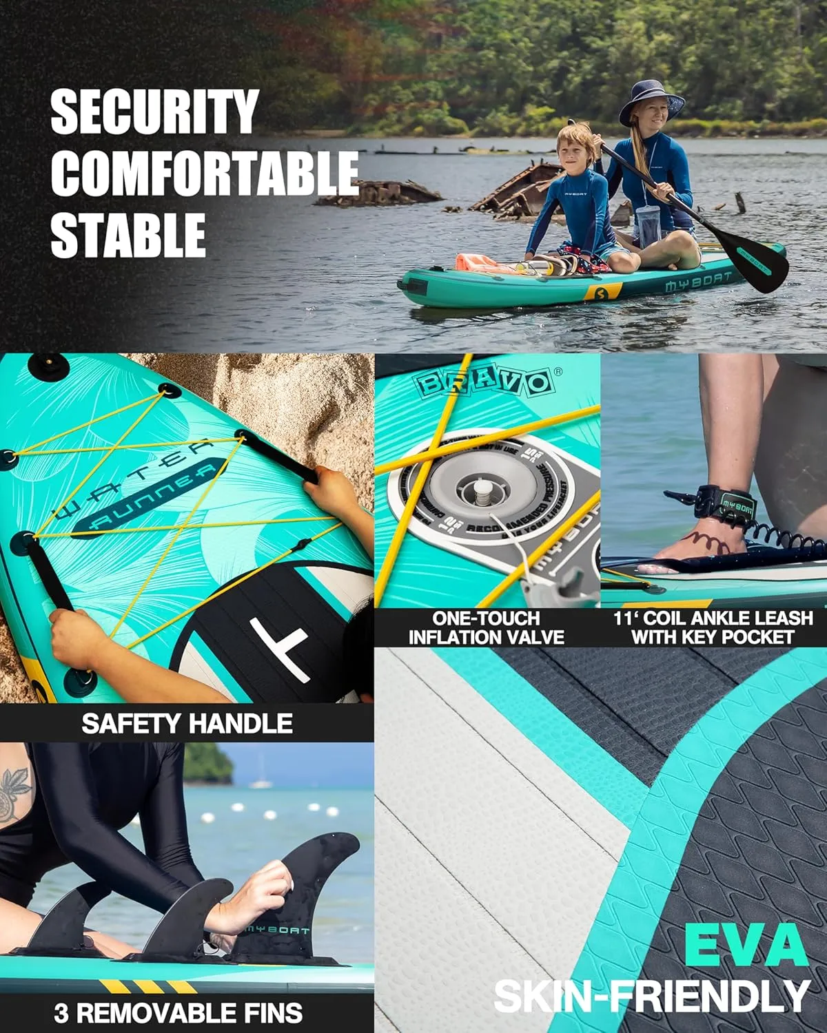 11'6"×34"×6" Extra Wide Inflatable Paddle Board, Stand Up Paddle Board for Fishing, Sup Board with 3 Removable Fins, Dual Bungees, Camera Mount, Hand Pump, Strong Paddle, 5L Dry Bag, Leash