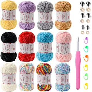 12 Pack Chenille Chunky Yarn - Baby Soft for Crocheting - White, Red, Pink, Yellow, Blue, Rainbow Velvet - Crochet Blanket and Amigurumi Pack With Accessories