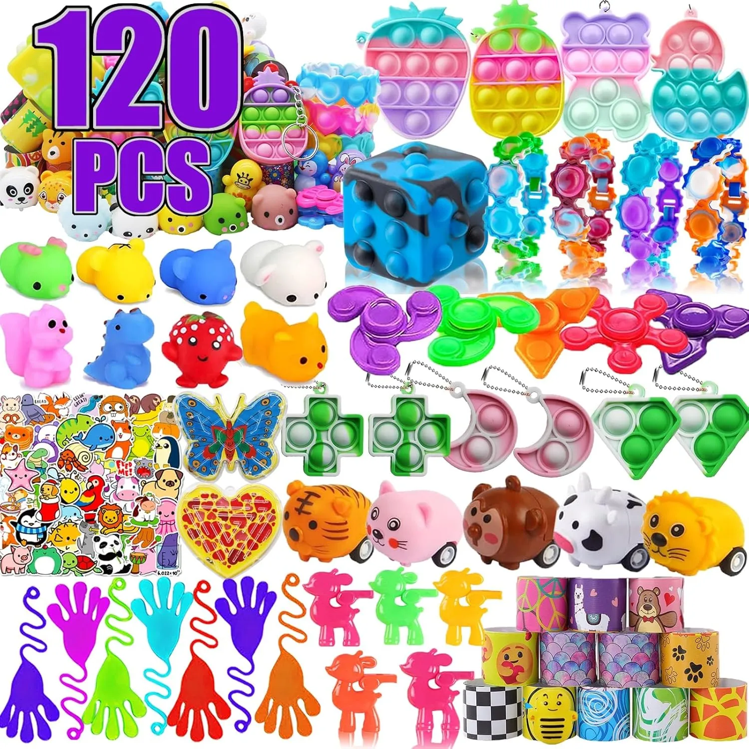 120 Pcs Pop Fidget Party Favors for Kids, Easter Egg Fillers, Pinata Stuffers, Treasure Box Toys, Classroom Prizes, Pinata Filler, Goodie Bag Stuffers, Treasure Chest Carnival Rewards for Boys Grils