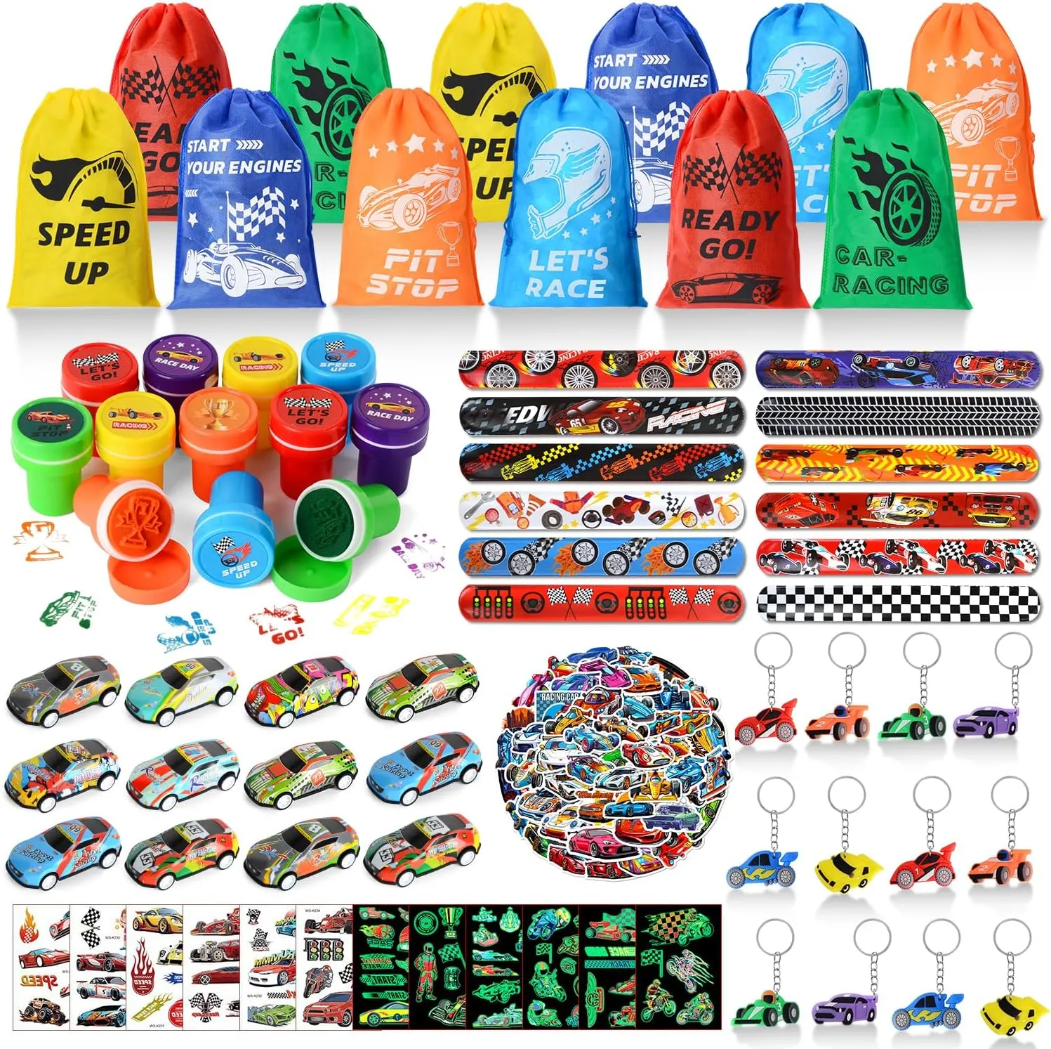 122 PCS Race Car Party Favors, Racing Birthday Party Favors with Pull Back Cars Drawstring Bags Slap Bracelet Keychain Stamper Tattoo Stickers, Racecar Theme Party Supplies Goodie Bag for Boys Kids