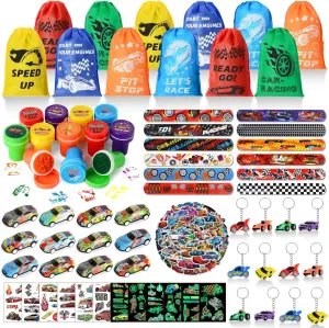 122 PCS Race Car Party Favors, Racing Birthday Party Favors with Pull Back Cars Drawstring Bags Slap Bracelet Keychain Stamper Tattoo Stickers, Racecar Theme Party Supplies Goodie Bag for Boys Kids