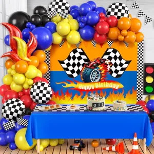 131 Wheels Race Car Birthday Party Decorations Supplies, Racing Red Blue Yellow Black Balloons Garland Arch Kit Bakdrop Tablecloth S Checkered Foil Balloons, Boy Kid Girl Cars Party Decor