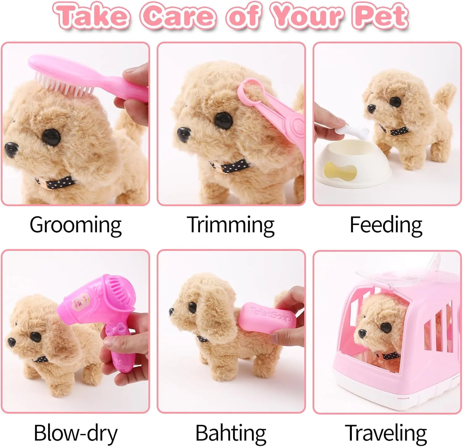 14PCS Dog Toys for Kids, Walking Barking Electronic Interactive Plush Puppy Toy with Carrier and Accessories, Pet Care Toy Set for Kids, for Girls and Boys 3 4 5 6  Year Old