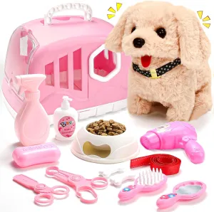 14PCS Dog Toys for Kids, Walking Barking Electronic Interactive Plush Puppy Toy with Carrier and Accessories, Pet Care Toy Set for Kids, for Girls and Boys 3 4 5 6  Year Old