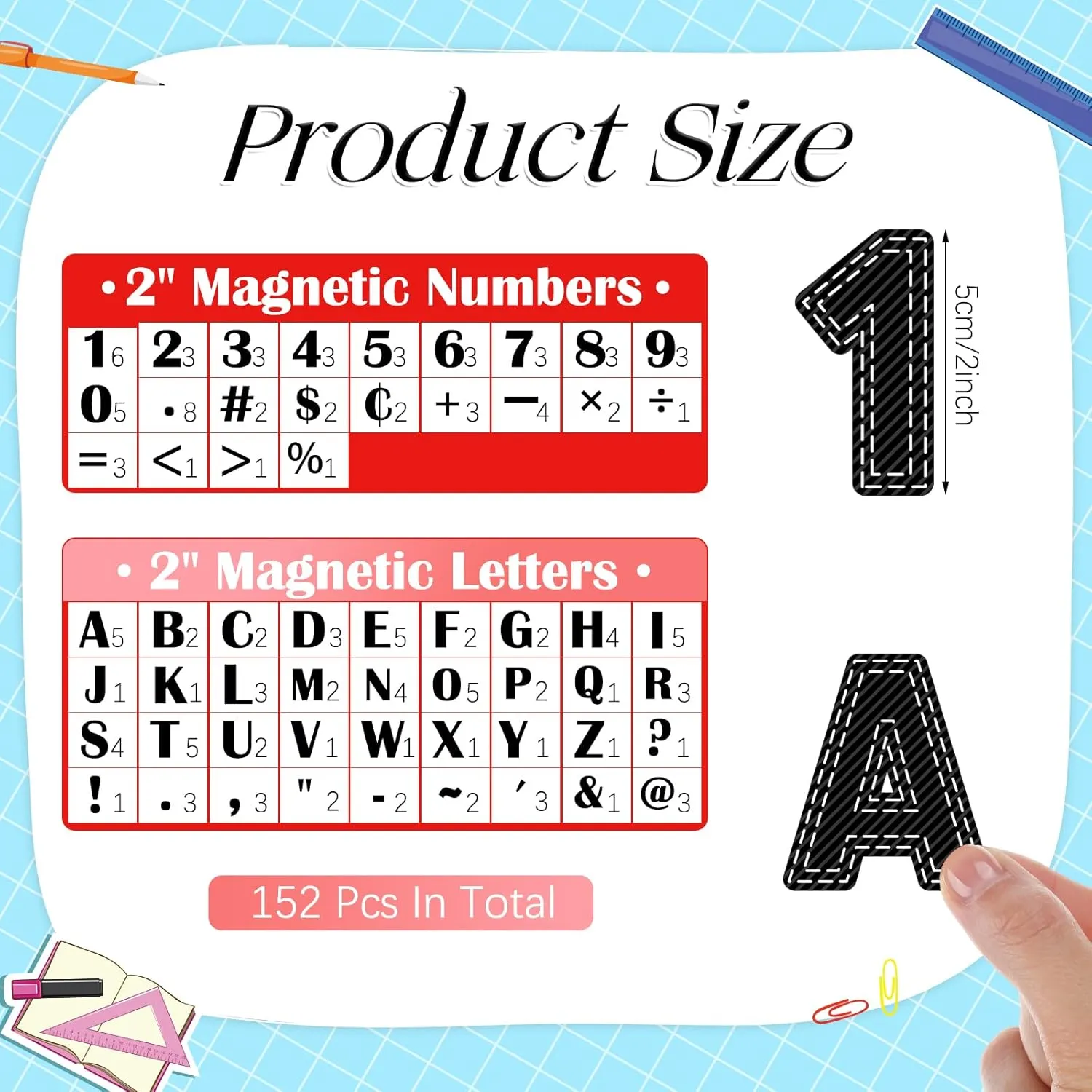 152 Pcs Magnetic Letters and Numbers Set 2'' Fridge Magnetic Alphabet Letters Kit for Toddlers Kids Whiteboard Classroom Educational Tool Home Learning(Black Stitch Bold Block)