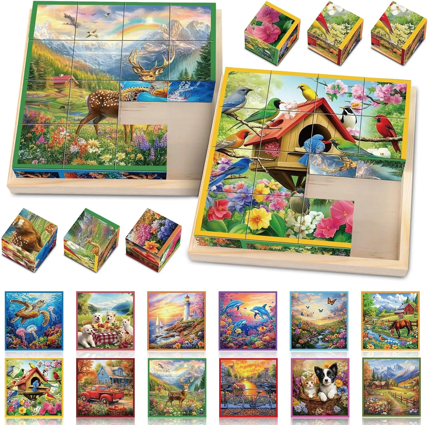 16 Patterns Blocks Cube Tile Matching Dementia Activities for Seniors 2 Sets Wooden Large Piece 3D Puzzles Box for Elderly Alzheimers Easy Memory Games for Dementia