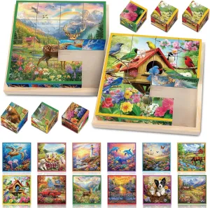 16 Patterns Blocks Cube Tile Matching Dementia Activities for Seniors 2 Sets Wooden Large Piece 3D Puzzles Box for Elderly Alzheimers Easy Memory Games for Dementia