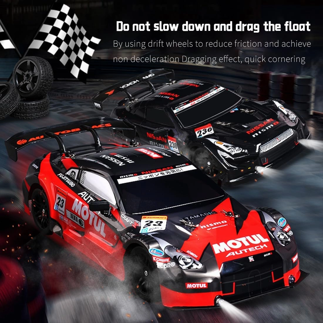 1:16 Proportional 4WD RC Racing Car with LED Lights, 30KM/H High Speed Remote Control Drift Racing Car with Additional Tires for Adults