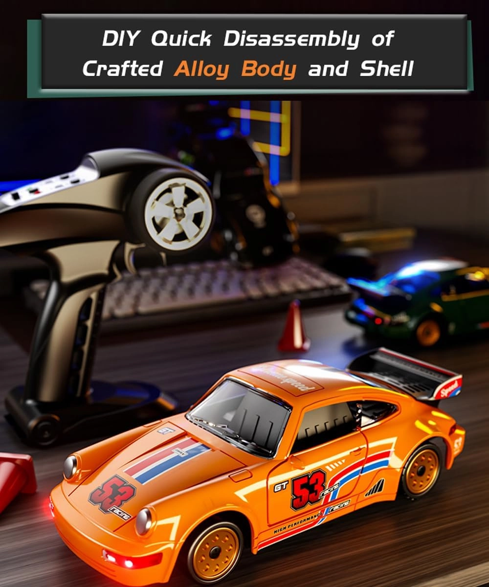 1/43 Mini RC Drift Car 2.4GHz 4WD with Gyroscope Alloy Body Shell Racing Cars Radio Control (Yellow)