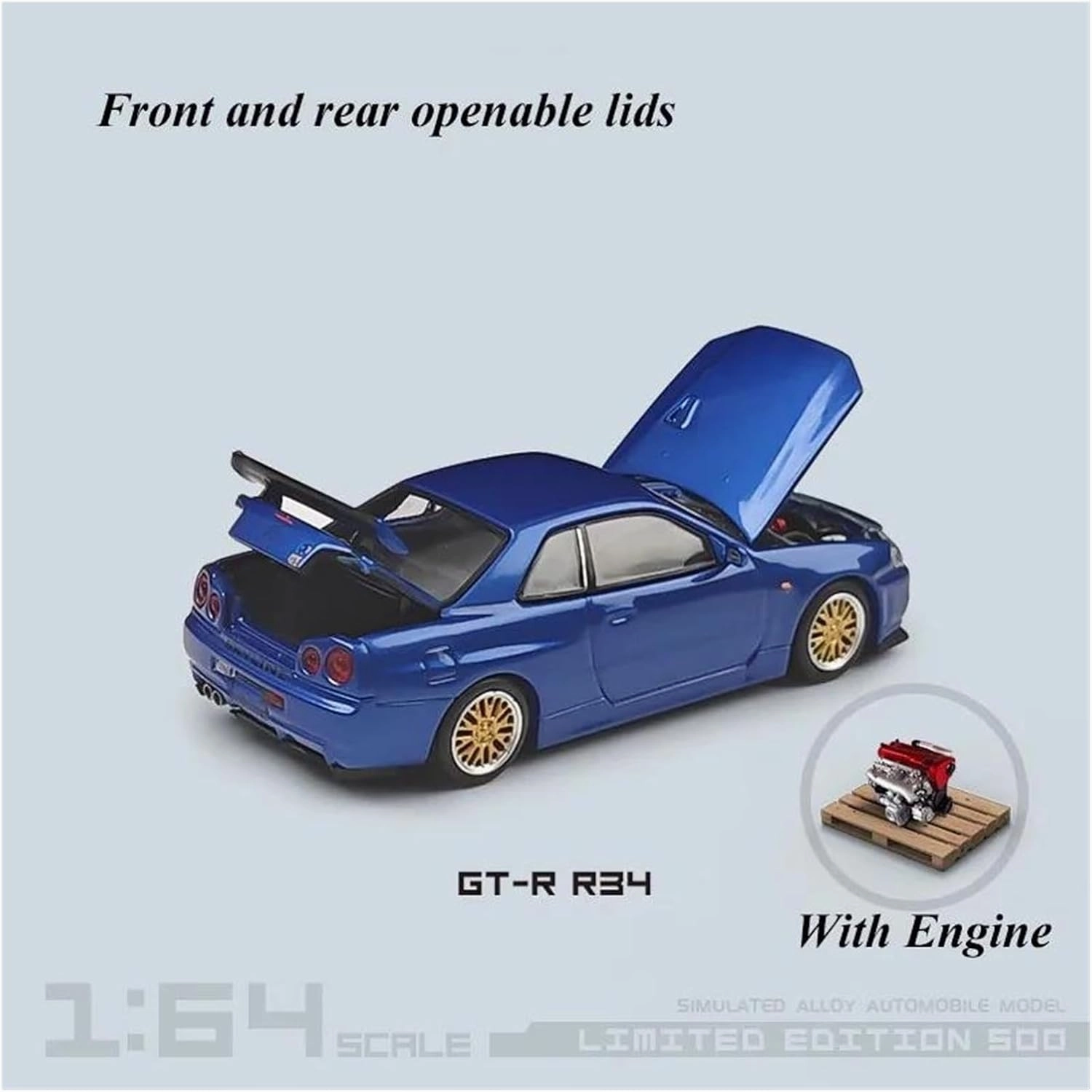 1 64 for Nissan GTR34 Open-Cover Alloy Diecast Miniature Car Model Simulation Classic Souvenir Display Motor Vehicles Toys(Purple)