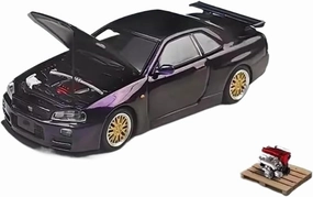 1 64 for Nissan GTR34 Open-Cover Alloy Diecast Miniature Car Model Simulation Classic Souvenir Display Motor Vehicles Toys(Purple)