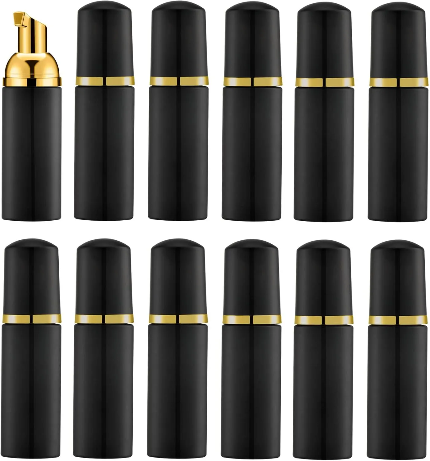 2 Oz Empty Foam Pump Bottle (12PCS) Travel Foaming Soap Dispenser for Hand Soap, Lash Shampoo Cleanser(Black&Gold Pump&Black Cap)