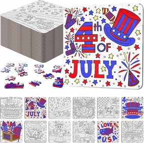 24 Pack Patriotic 4th of July Color Your Own Jigsaw Puzzles for Kids 3-5, 4-6, 6-8, Red White and Blue Crafts DIY Coloring Paper Jigsaw Party Favors Gifts for Independence Memorial Day