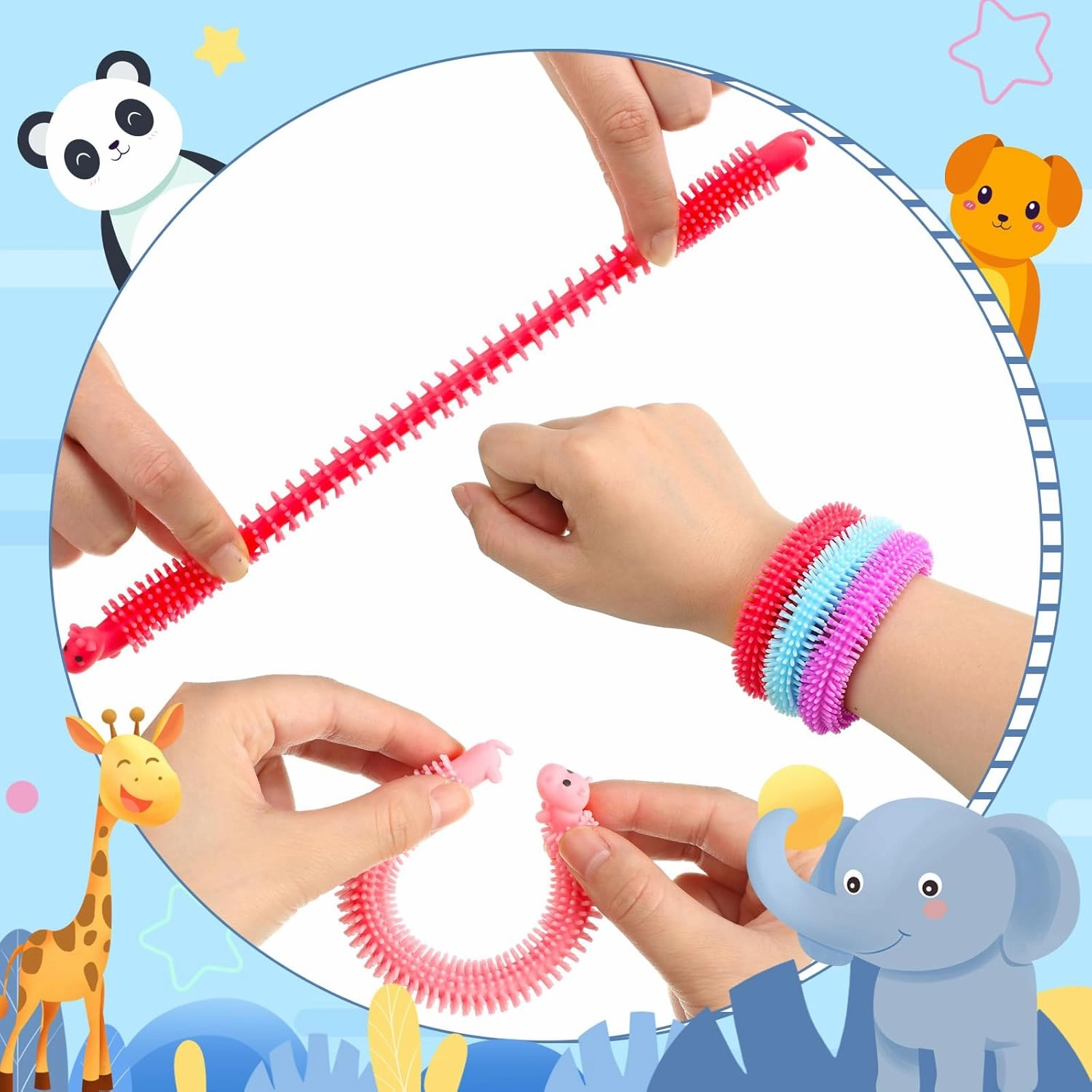 24 Pcs Fidget Worm Stretchy Strings Toy Colorful Fidget Sensory ADD, ADHD or Autism, Relaxing Toys (7.9 Inches,Cute Animal)