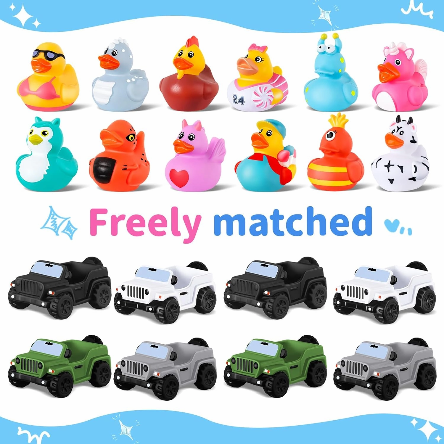 24 Pcs Rubber Ducks Ducks for Jeeps, 3.5 Inch Rubber Cars for Ducking Suitable for 2 Inch Ducks, 12 Ducks Assortment with 12 Cars, Baby Bath Toy Summer Gifts Party Favors