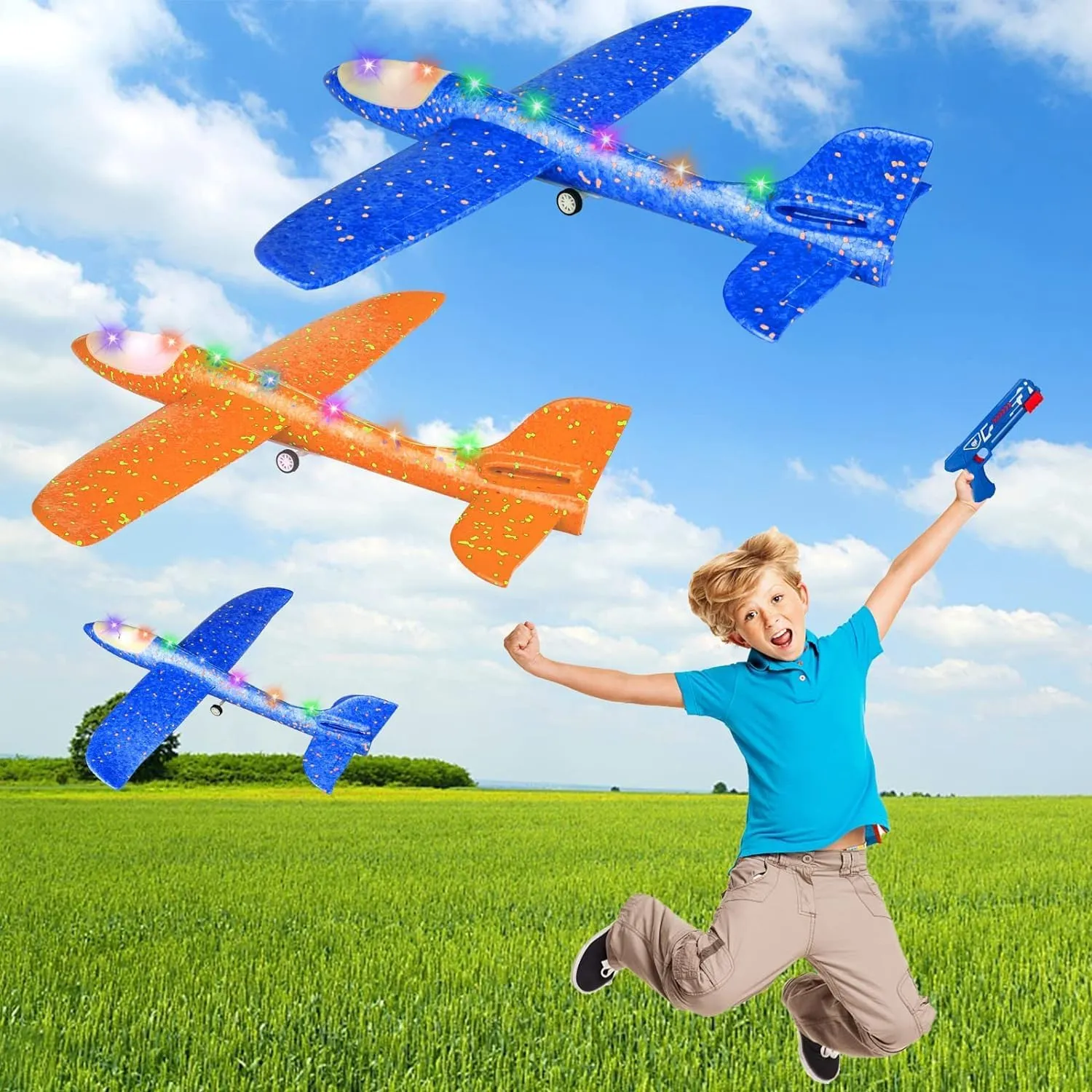 3 Pack Airplane Launcher Toy for Kids 13" Led Foam Glider Catapult Plane Kids Outdoor Toy 2 Flight Mode Foam Led Airplanes Outdoor Flying Toy 3 4 5 6 7 8 9 10 11 12 Old Boys Girls Birthday Gift