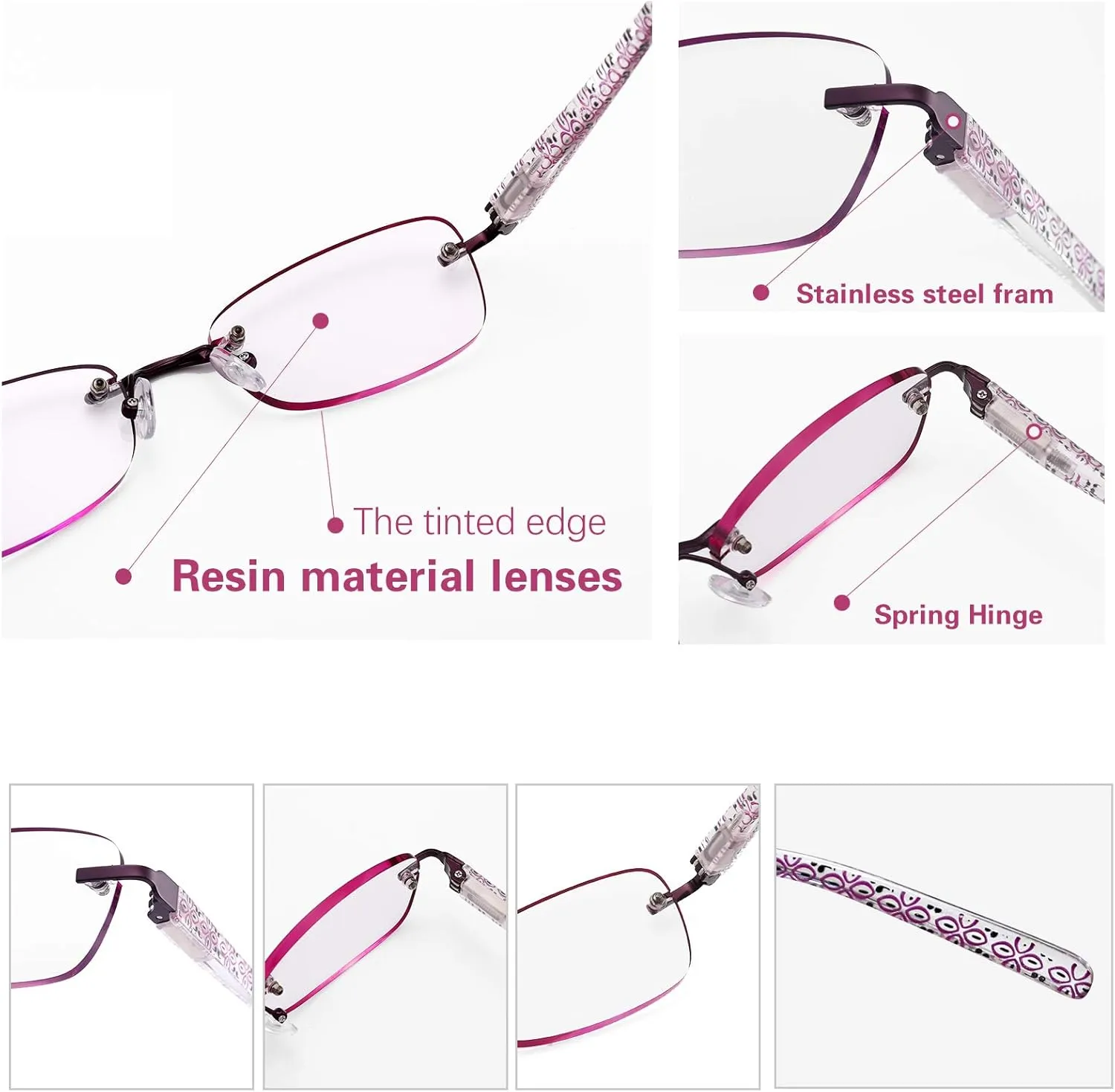 3-Pack Rimless Reading Glasses For Women, Lightweight Spring Hinge Readers, Classic Elegant Artistic Eyeglasses UV 400
