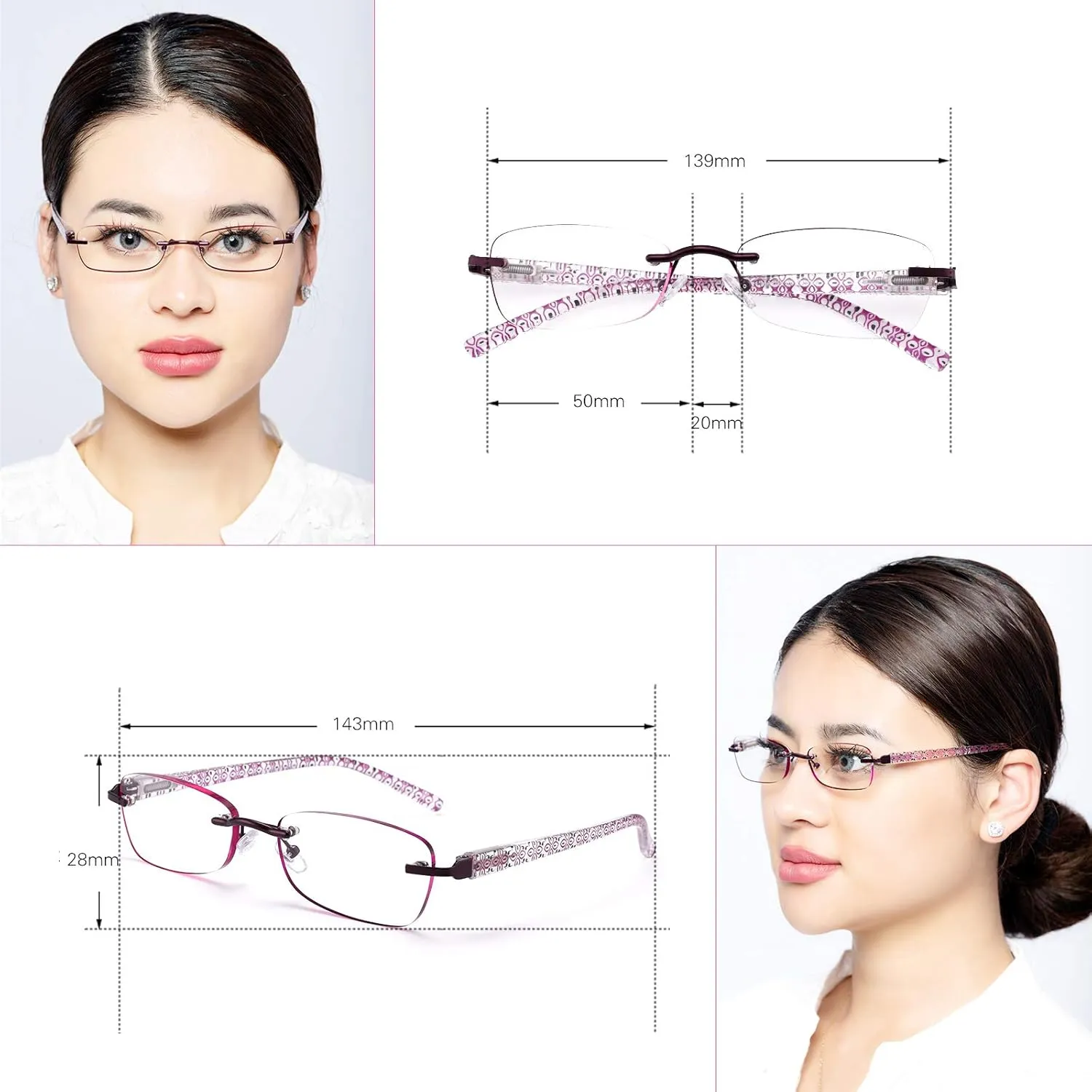 3-Pack Rimless Reading Glasses For Women, Lightweight Spring Hinge Readers, Classic Elegant Artistic Eyeglasses UV 400
