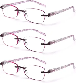 3-Pack Rimless Reading Glasses For Women, Lightweight Spring Hinge Readers, Classic Elegant Artistic Eyeglasses UV 400