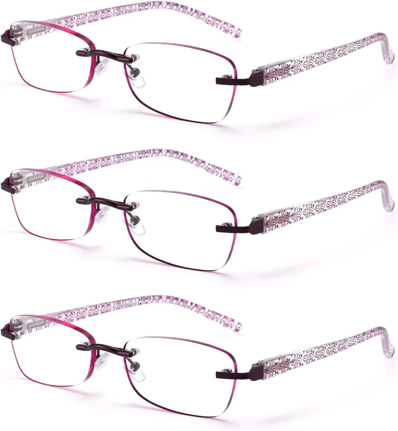 3-Pack Rimless Reading Glasses For Women, Lightweight Spring Hinge Readers, Classic Elegant Artistic Eyeglasses UV 400