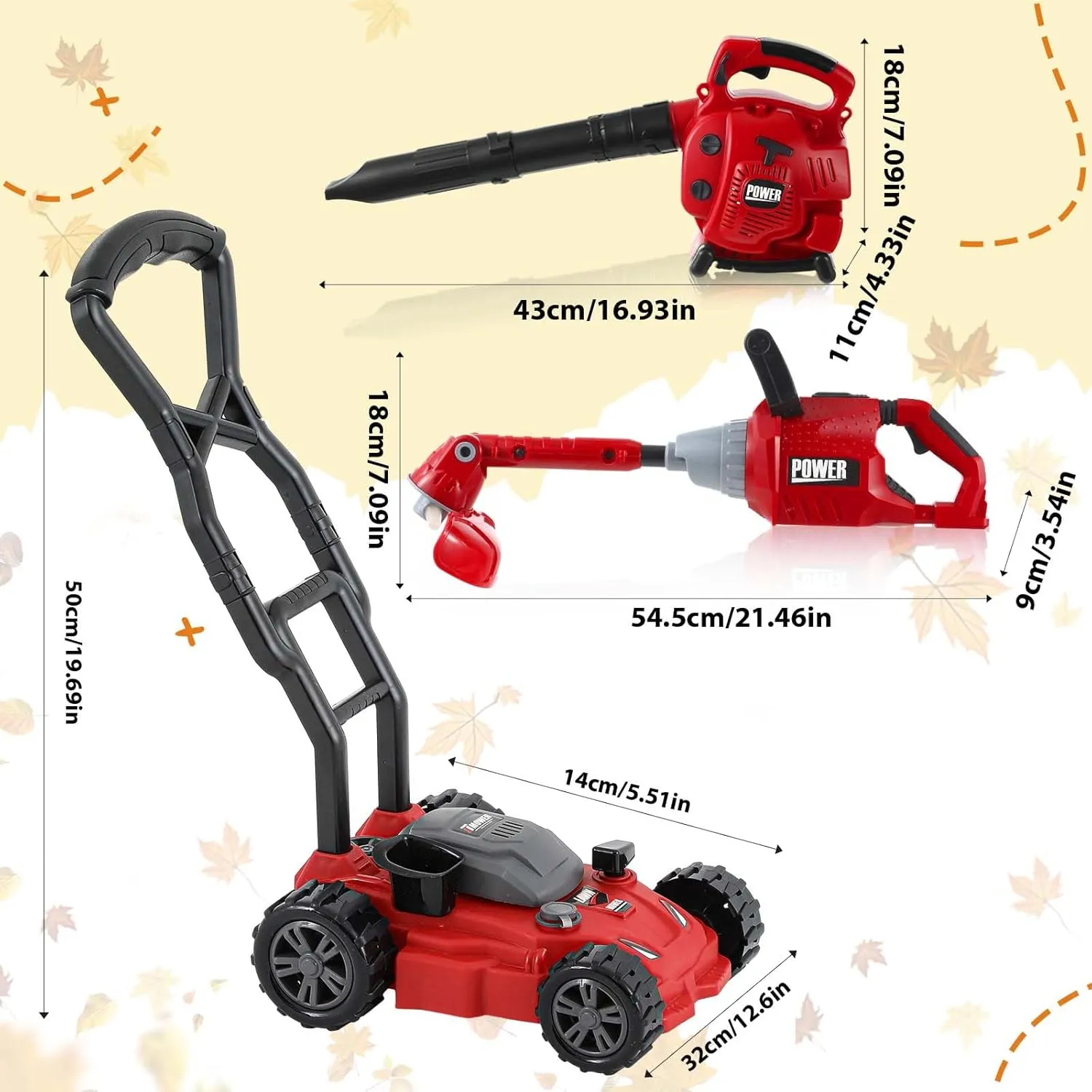 3 Pcs Toy Gardening Tool Set for Kids Toy Leaf Blower Lawn Trimmer Toy Chainsaw Push Lawn Mower Pretend Play Set with Lights and Sounds Birthday Gifts for Boys Girls(Stylish)