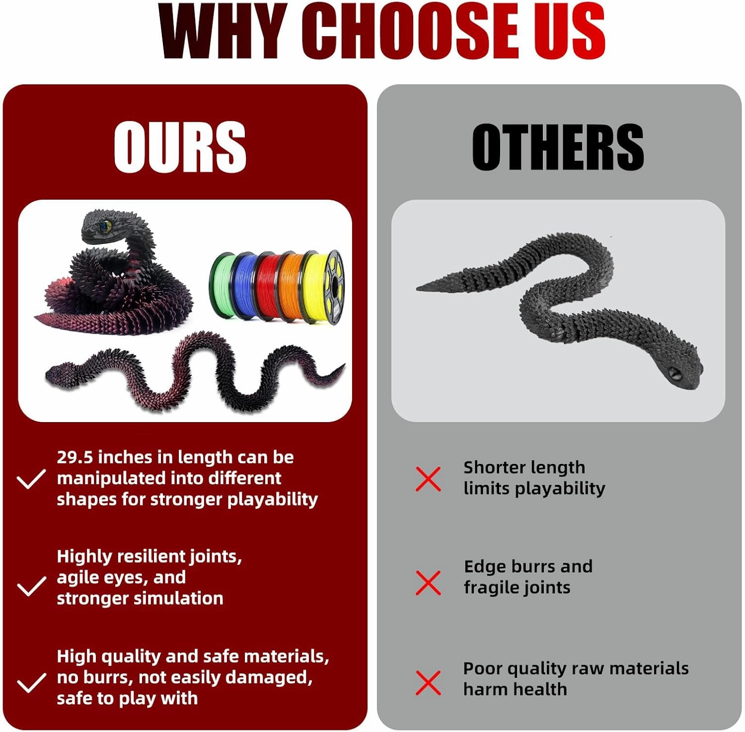 30 Inch 3D Printed Snake - Movable Articulated Snake, Perfect 3D Printed Animals for Educational Toys! Must-Have Toys for Kids and Collectors, Home Office Executive Desk Decor (Black Red)