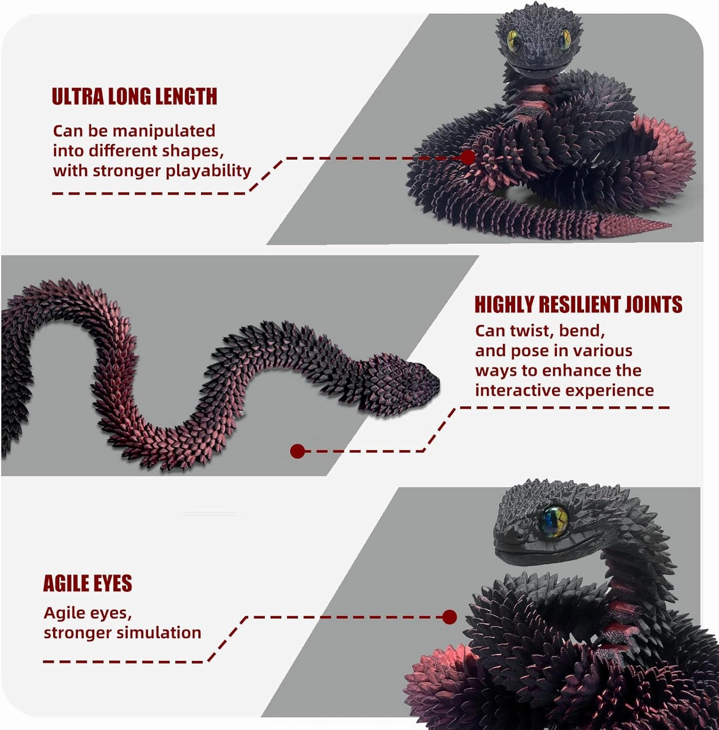 30 Inch 3D Printed Snake - Movable Articulated Snake, Perfect 3D Printed Animals for Educational Toys! Must-Have Toys for Kids and Collectors, Home Office Executive Desk Decor (Black Red)