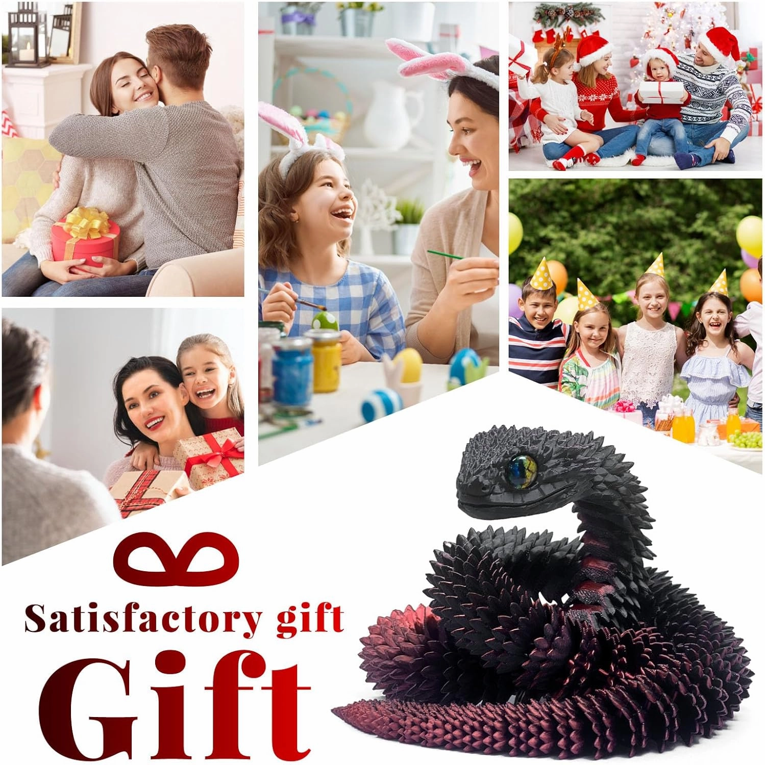 30 Inch 3D Printed Snake - Movable Articulated Snake, Perfect 3D Printed Animals for Educational Toys! Must-Have Toys for Kids and Collectors, Home Office Executive Desk Decor (Black Red)