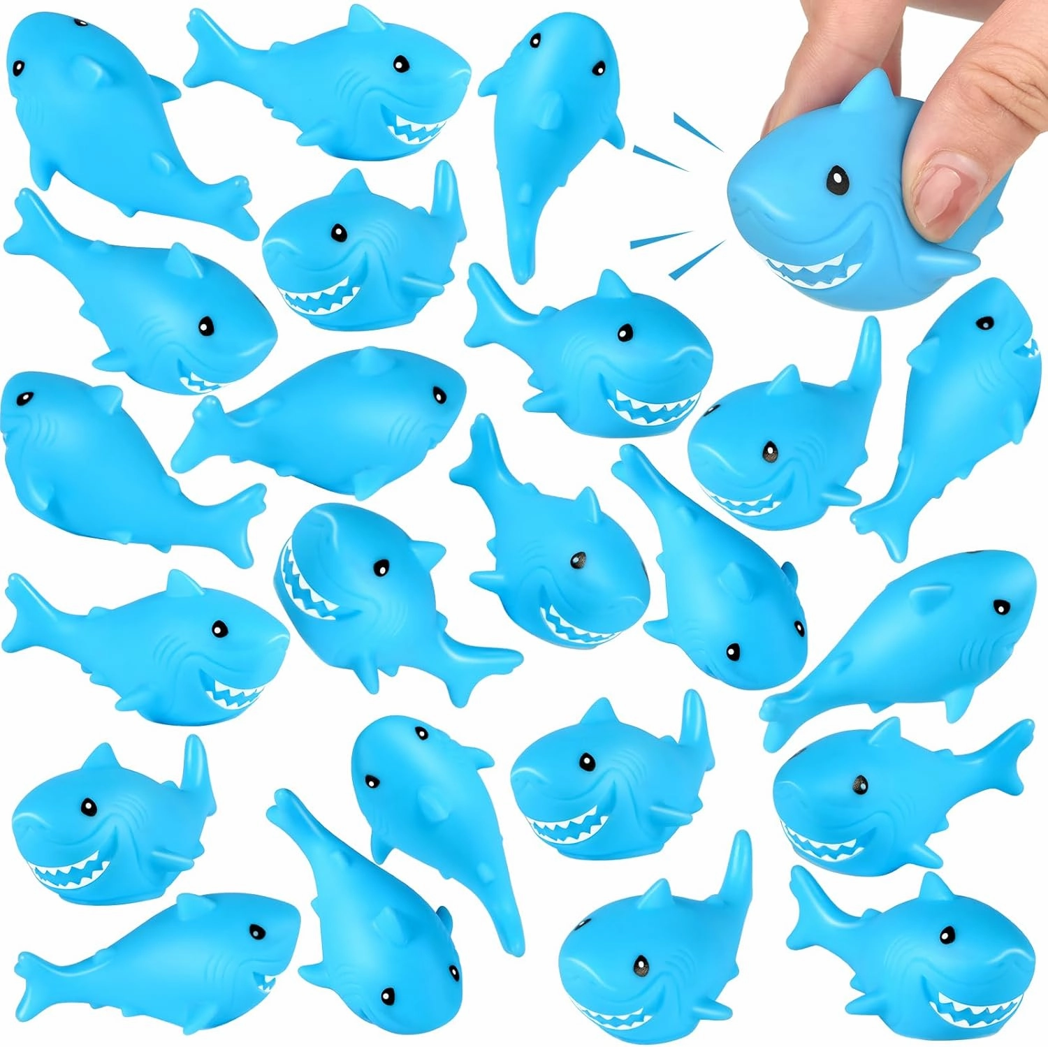 30 Pieces Rubber Sharks Blue Rubber Bath Sharks Cute Squeezable and Squeak Shark Small Bathtub Swimming Toys for Birthday Shower Bathtub Pool Party Favors
