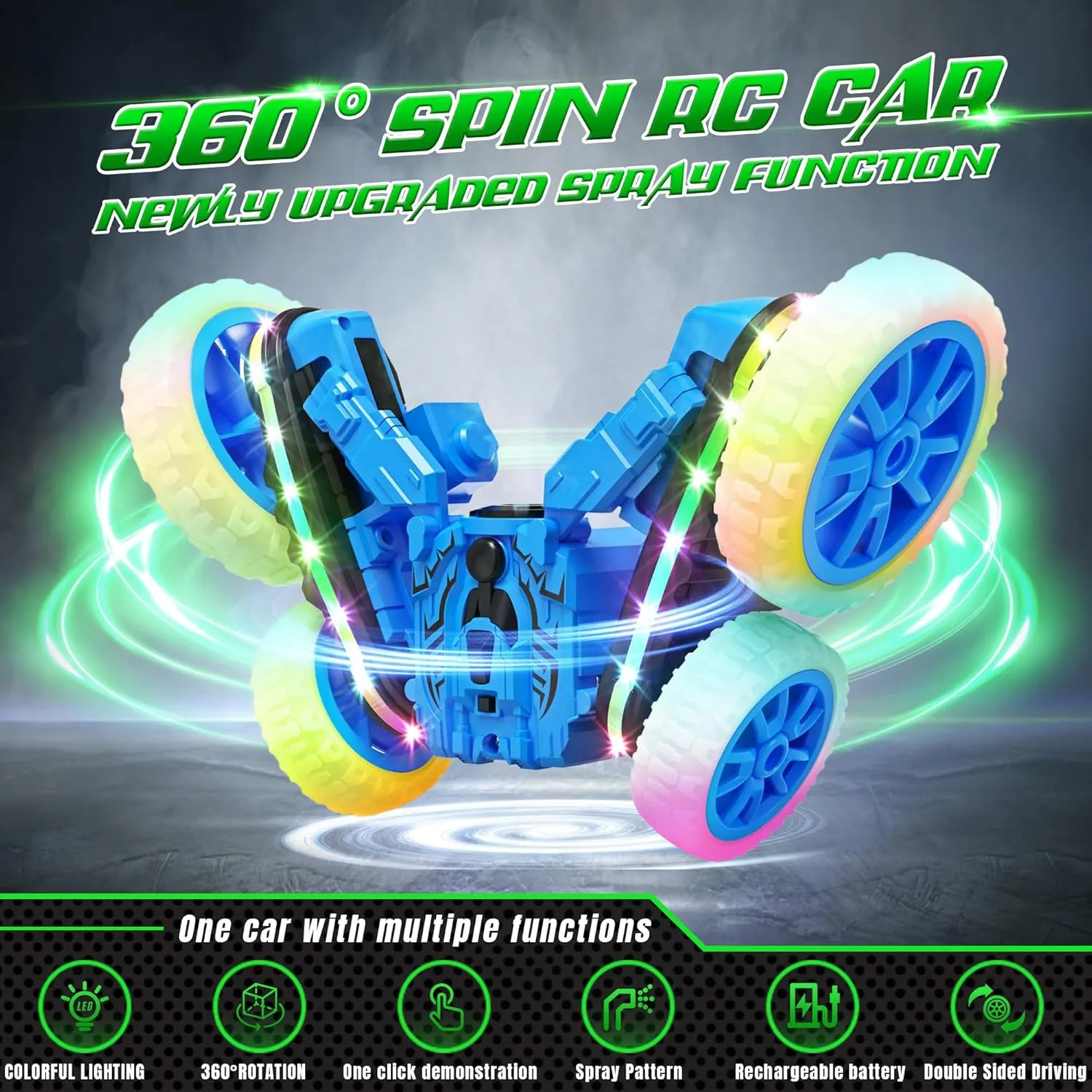 360°Rotating RC Cars with Cool,RC Cars with Sides Light and Headlights,2.4Ghz All Terrain Toy Car for Boys Girls Birthday Gift(Blue)