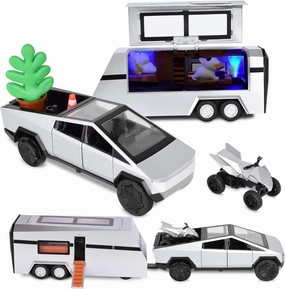 3-in-1 Pickup Truck Sets with RV and Motorcycle，Pickup Toy with Sounds and Lights, 1/32 Diecast Truck for Kids 3 Year Old and Up, Christmas Birthday Gifts for Boys Girls (Silver)