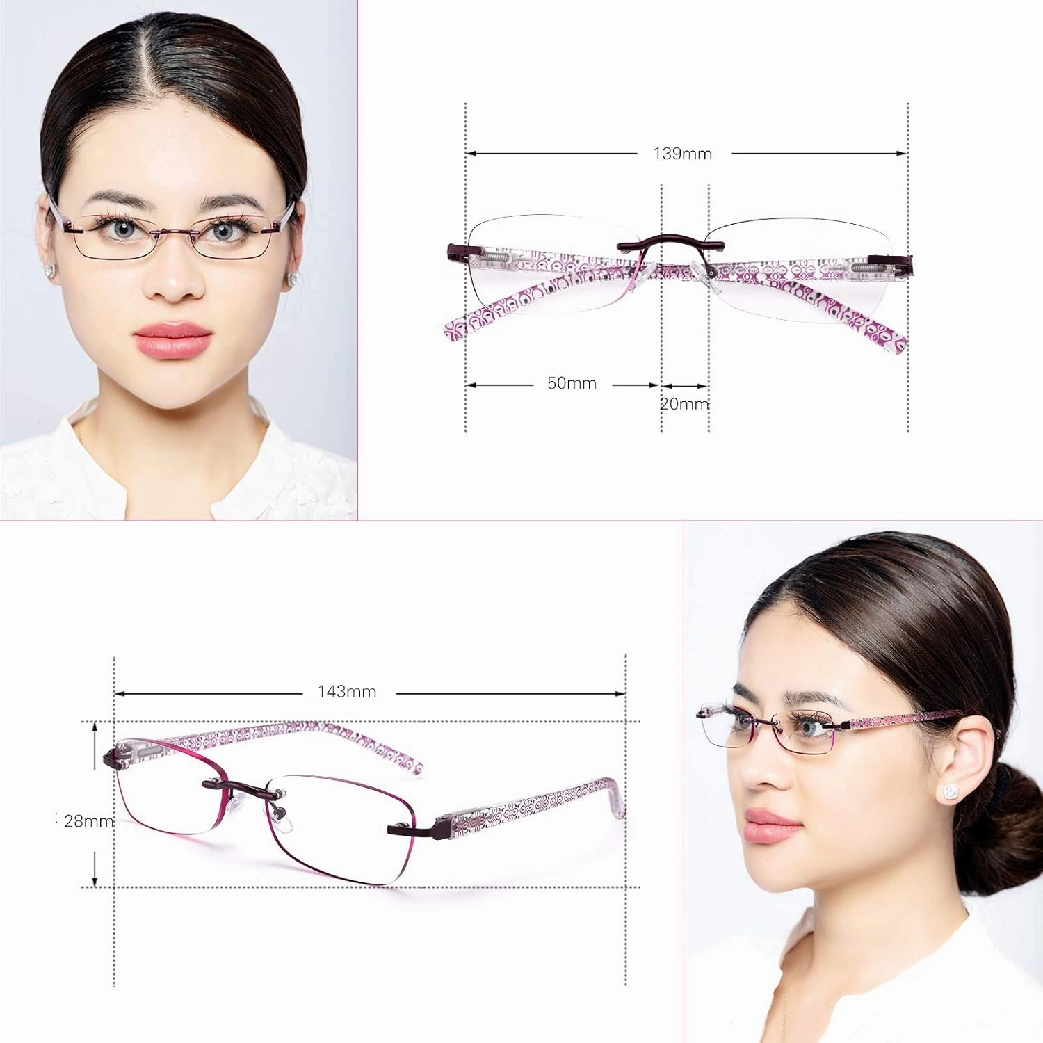 3-Pack Rimless Reading Glasses For Women, Lightweight Spring Hinge Readers, Classic Elegant Artistic Eyeglasses UV 400
