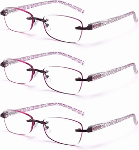 3-Pack Rimless Reading Glasses For Women, Lightweight Spring Hinge Readers, Classic Elegant Artistic Eyeglasses UV 400