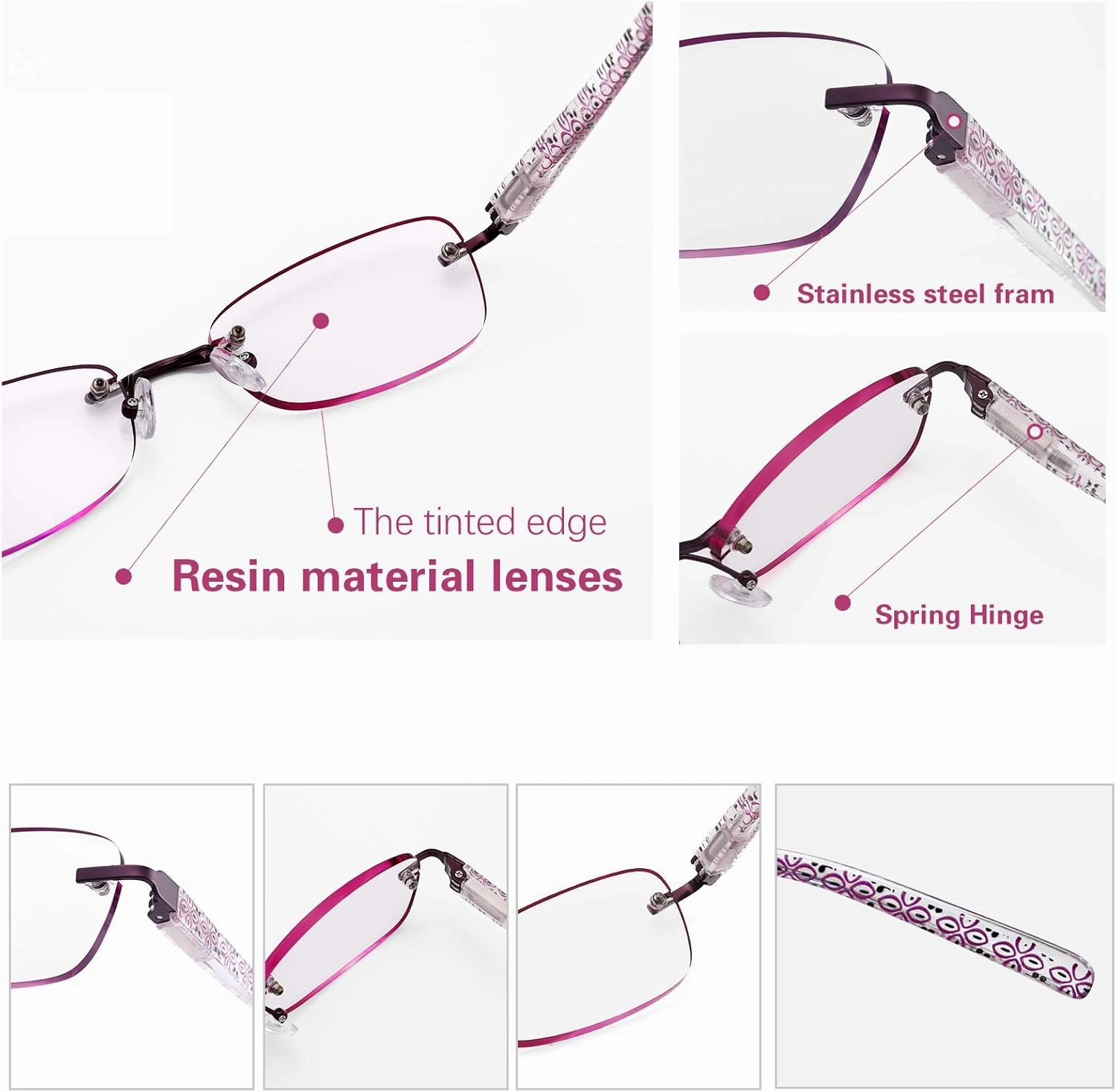 3-Pack Rimless Reading Glasses For Women, Lightweight Spring Hinge Readers, Classic Elegant Artistic Eyeglasses UV 400
